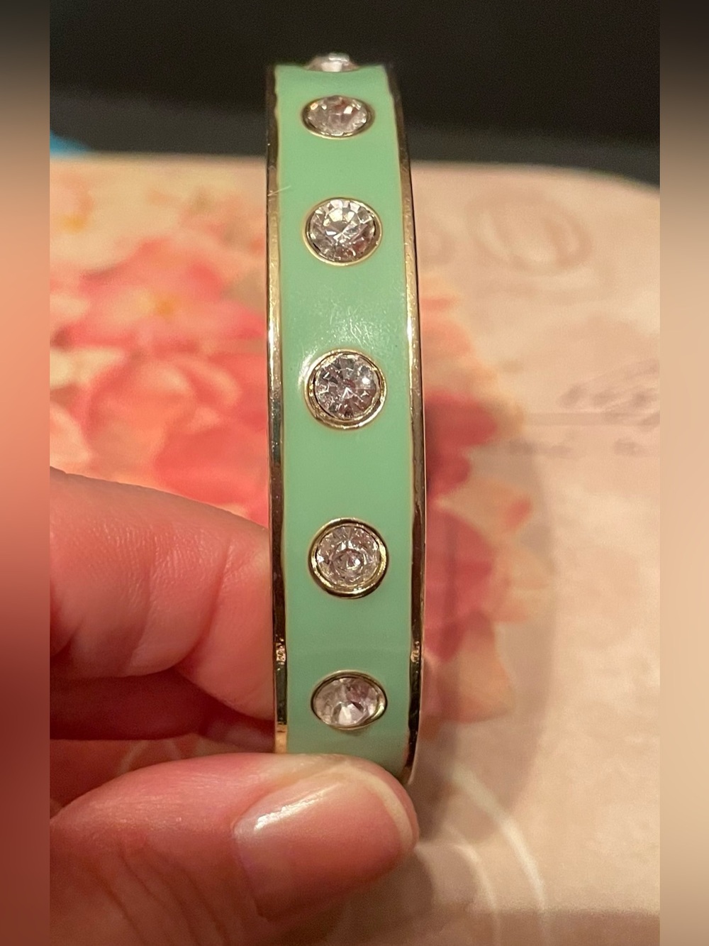Green Enamel Rhinestone Accent Bangle Bracelet